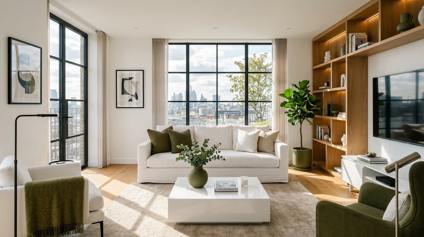 Modern apartment interior with olive green accents